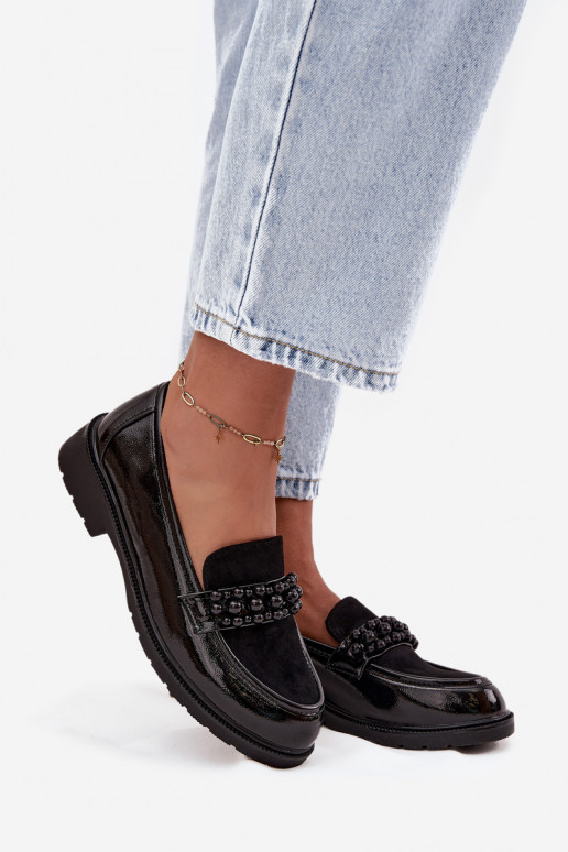 mocasines de mujer con efecto barniz Con cuentas S.Barski HY52-541 de color negro
