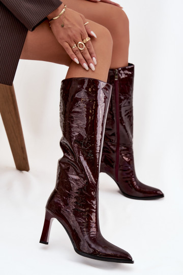 Botas largas de charol de cuero para mujer con tacones forradas D&A CR52-716 color burdeos