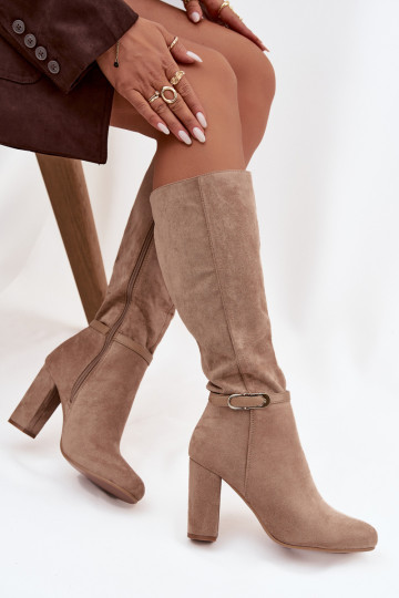 botas de mujer con tacones con hebillas doradas calentamiento beige Seraphine