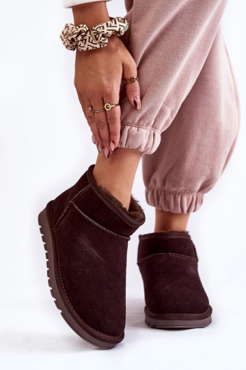 Botas de nieve de gamuza para mujer de tacón bajo color marrón Shelie