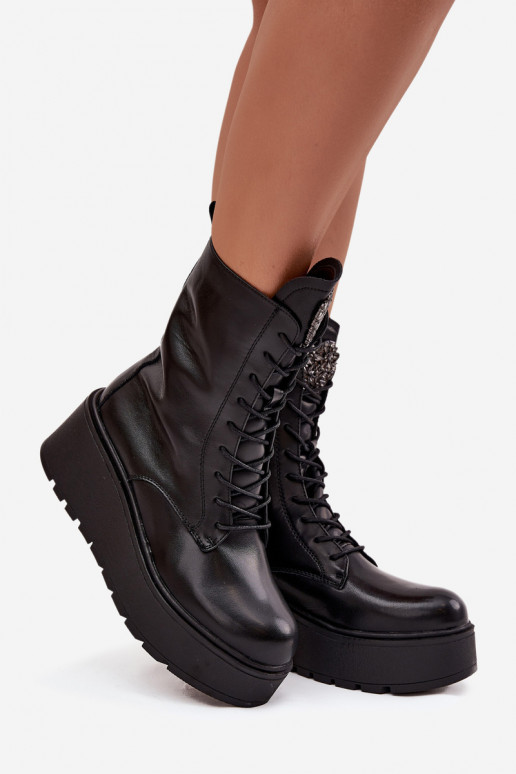 Piel Botas de mujer con adornos calentamiento de color negro Ulrika