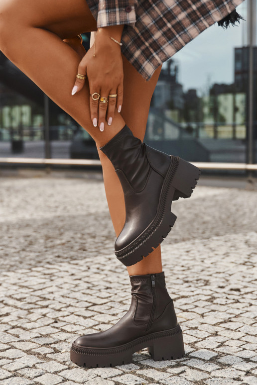 Botines de mujer con tacones gruesos y plataforma de eco cuero color marrón Elvianne