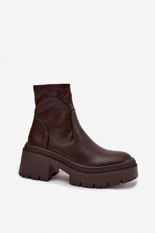 Botines de mujer con tacones gruesos y plataforma de eco cuero color marrón Elvianne