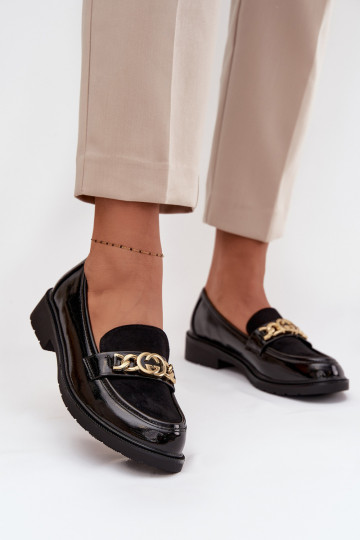 Mocasines lacados Femenino con detalles dorados S.Barski HY52-540 de color negro