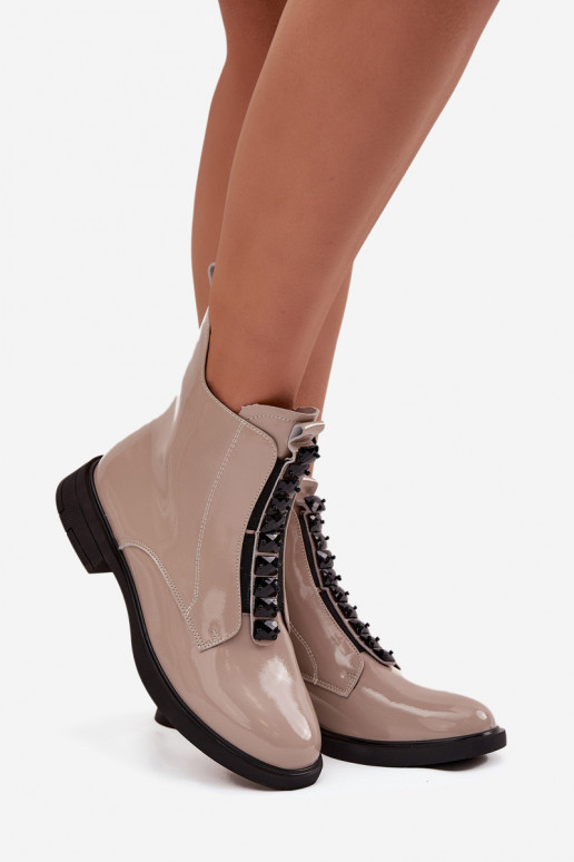 Botines para mujer de piel natural con efecto charol D&A MR52-108 color arena