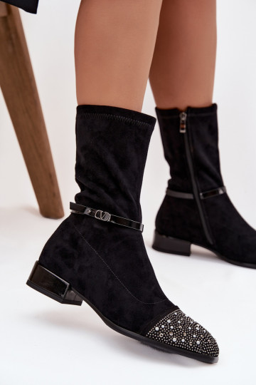 Botines para mujer con tacón bajo, decoración y cintas D&A MR52-165 color negro