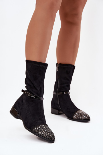 Botines para mujer con tacón bajo, decoración y cintas D&A MR52-165 color negro 2
