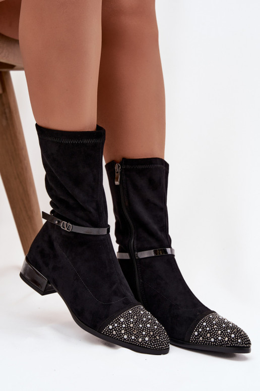 Botines para mujer con tacón bajo, decoración y cintas D&A MR52-165 color negro