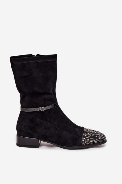 Botines para mujer con tacón bajo, decoración y cintas D&A MR52-165 color negro