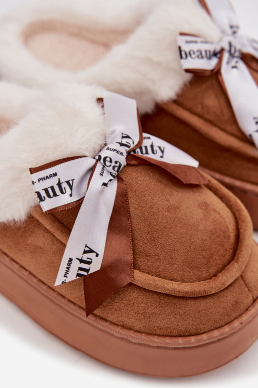 Zapatillas de mujer con pelaje y lazo, color marrón "Fenella"