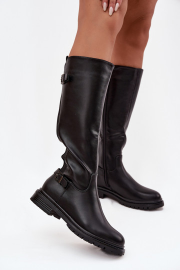 calentamiento botas de mujer con tacones anchos con hebillas de color negro Sorelle