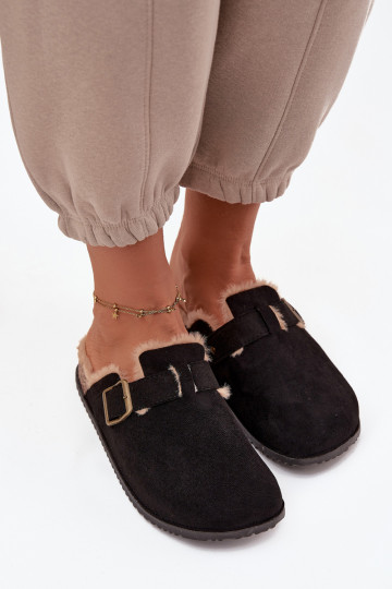 Zapatillas Zuecos Femenino calentamiento con pelo dentro con hebillas de color negro Sylisse