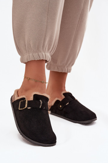 Zapatillas Zuecos Femenino calentamiento con pelo dentro con hebillas de color negro Sylisse 2