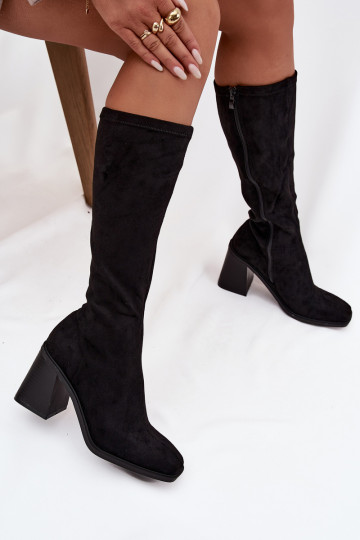 Botas largas de mujer con gran tacón de ante sintético color negro Traven