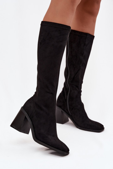 Botas largas de mujer con gran tacón de ante sintético color negro Traven 2