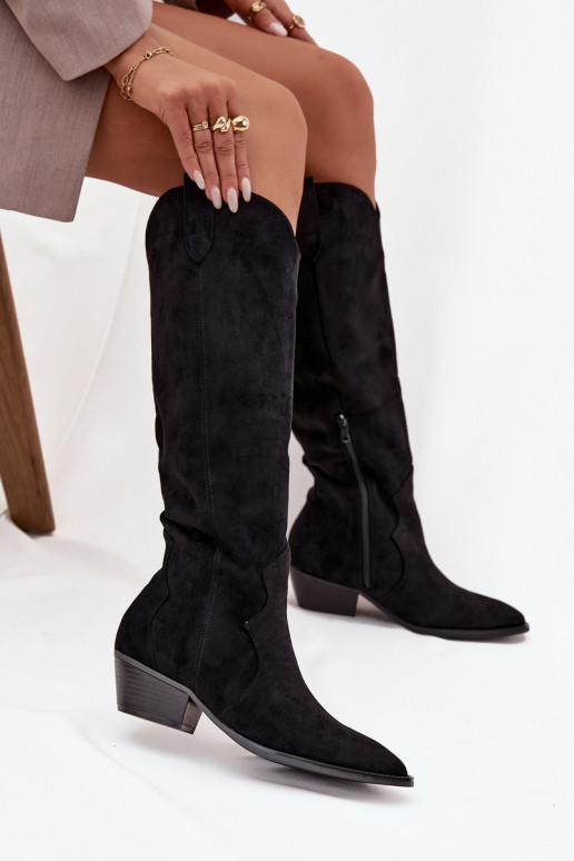 de gamuza ecológicaoAe botas estilo vaquero Femenino con tacones de color negro Jenaya