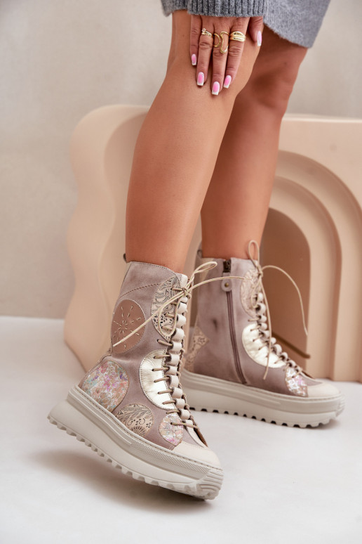 Piel Zapatos de gamuza con una plataforma calentamiento Tiene queciejka 06565-04 beige Piel Zapatos de gamuza con una plataforma calentamiento Tiene queciejka 06565-04 beige