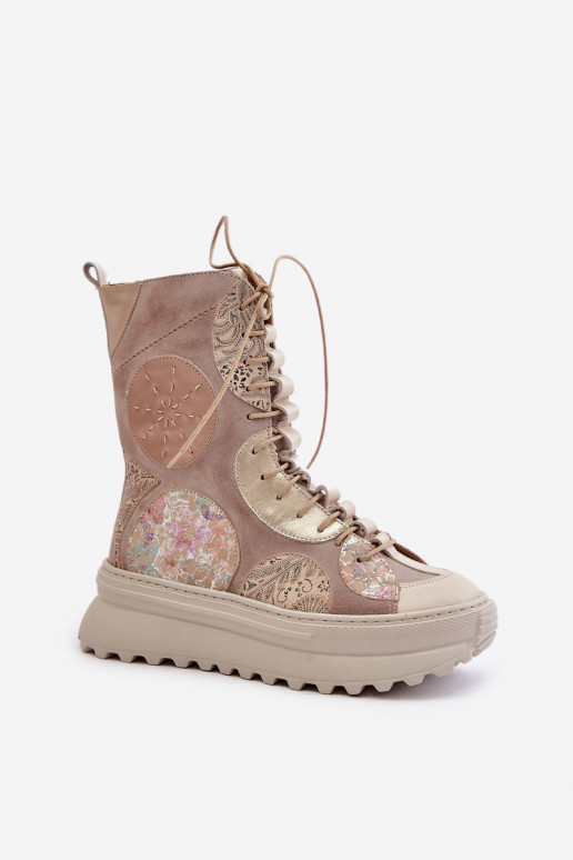 Piel Zapatos de gamuza con una plataforma calentamiento Tiene queciejka 06565-04 beige Piel Zapatos de gamuza con una plataforma calentamiento Tiene queciejka 06565-04 beige