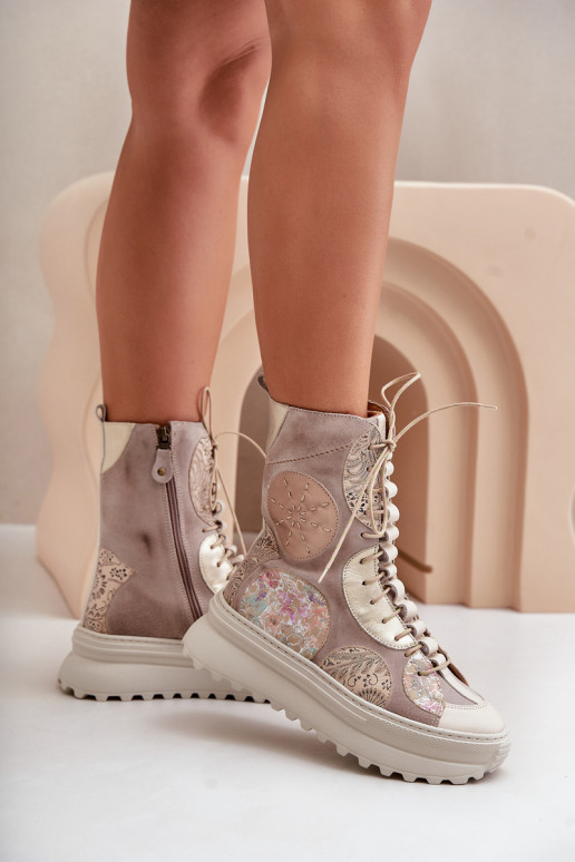 Piel Zapatos de gamuza con una plataforma calentamiento Tiene queciejka 06565-04 beige Piel Zapatos de gamuza con una plataforma calentamiento Tiene queciejka 06565-04 beige