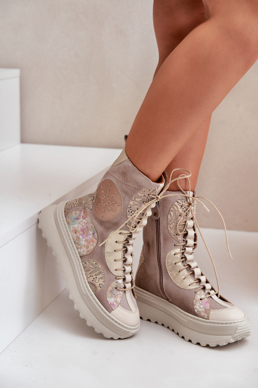 Piel Zapatos de gamuza con una plataforma calentamiento Tiene queciejka 06565-04 beige Piel Zapatos de gamuza con una plataforma calentamiento Tiene queciejka 06565-04 beige