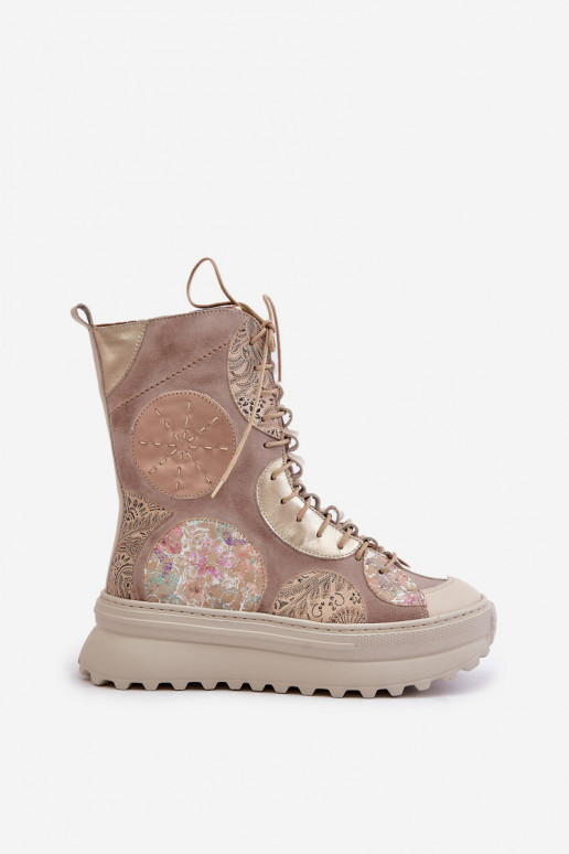 Piel Zapatos de gamuza con una plataforma calentamiento Tiene queciejka 06565-04 beige Piel Zapatos de gamuza con una plataforma calentamiento Tiene queciejka 06565-04 beige