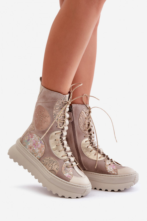 Piel Zapatos de gamuza con una plataforma calentamiento Tiene queciejka 06565-04 beige Piel Zapatos de gamuza con una plataforma calentamiento Tiene queciejka 06565-04 beige