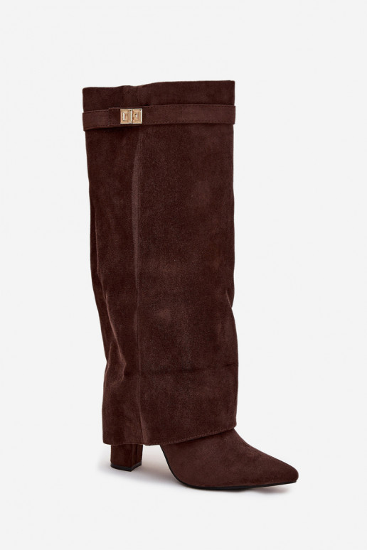 Botas altas de mujer de ante ecológico, con tacón bloque, forradas, caña decorada, color chocolate Evyra