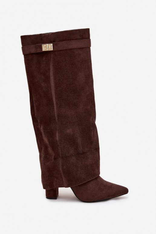 Botas altas de mujer de ante ecológico, con tacón bloque, forradas, caña decorada, color chocolate Evyra