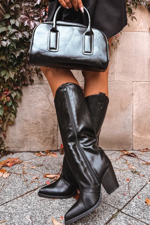 calentamiento botas estilo vaquero con tacones de cuero ecológico de color negro Tiene quevine calentamiento botas estilo vaquero con tacones de cuero ecológico de color negro Tiene quevine