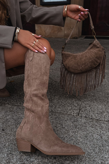 Botas largas de ante sintético estilo cowboy de mujer con tacones color arena Jenaya