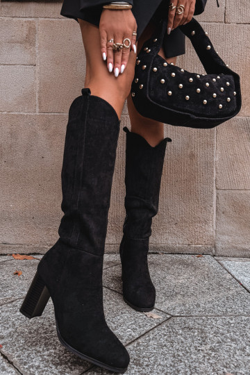 Botas largas para mujer con tacones de gamuza sintética color negro Prisca 2