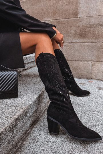 Botas largas de estilo cowboy para mujer con tacones de gamuza sintética color negro Coretta