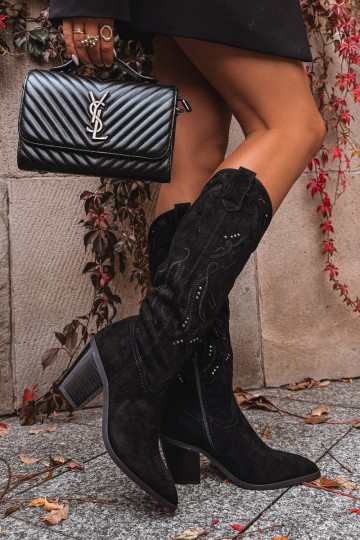 Botas largas de estilo cowboy para mujer con tacones de gamuza sintética color negro Coretta 2