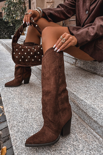 calentamiento botas estilo vaquero con taconesde gamuza ecológicau CzekoladoAe Tiene quevine