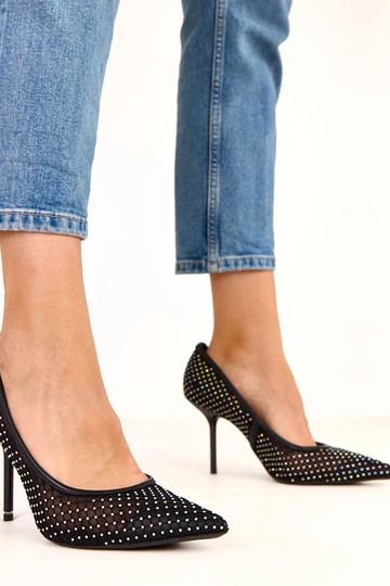 Tacones de tela de red negros adornados con circonitas Rita