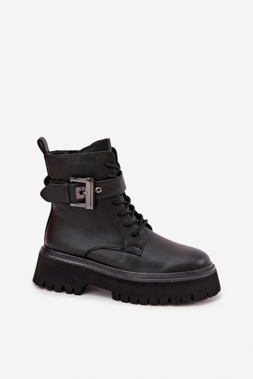 Piel botines de trabajo Femenino calentamiento para decorar con hebillas D&A MK52-032 de color negro Piel botines de trabajo Femenino calentamiento para decorar con hebillas D&A MK52-032 de color negro