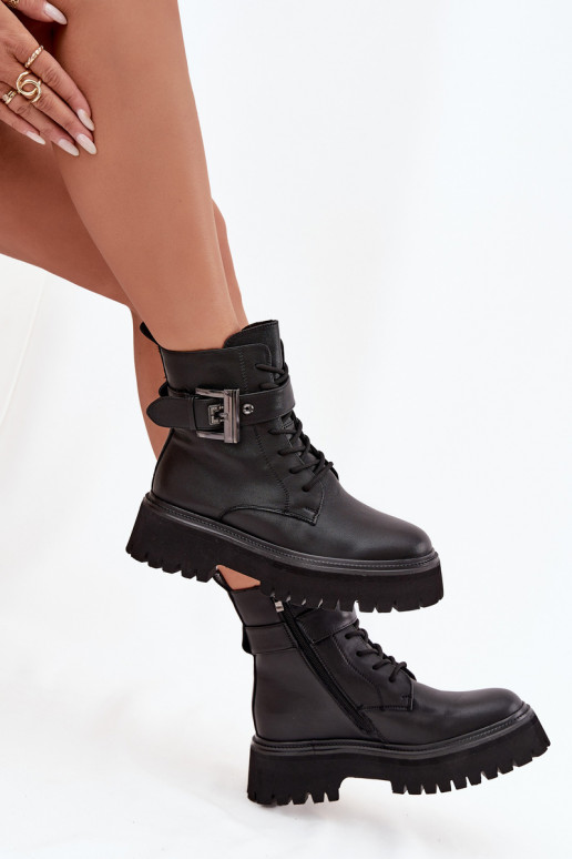 Piel botines de trabajo Femenino calentamiento para decorar con hebillas D&A MK52-032 de color negro Piel botines de trabajo Femenino calentamiento para decorar con hebillas D&A MK52-032 de color negro