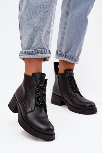 Botines de cuero para mujer con adornos D&A JC52-869 color negro