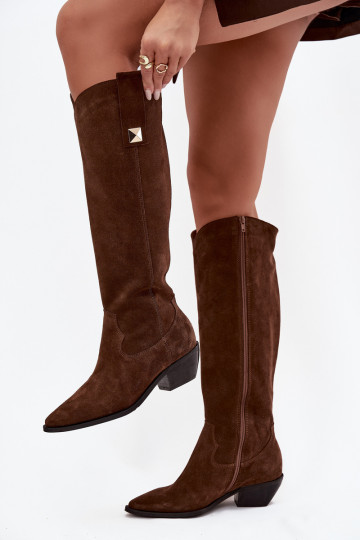 Botas largas de estilo cowboy de piel sintética color chocolate Zazoo 4224