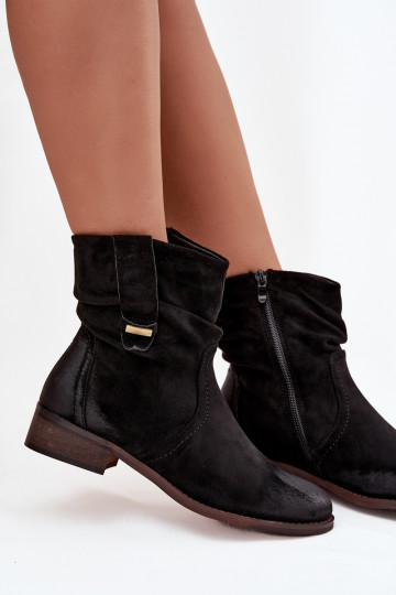 Botines cálidos para mujer de tacón bajo con volantes color negro Gracia