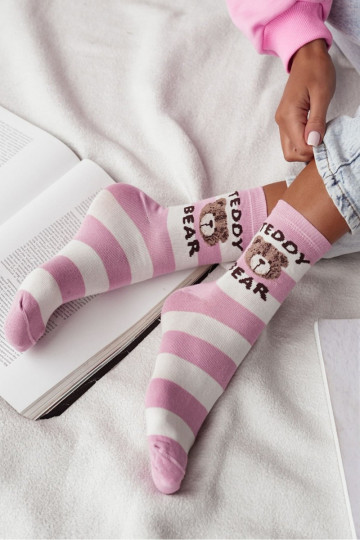 Medias Femenino con rayas Teddy Bear rosa-el color blanco