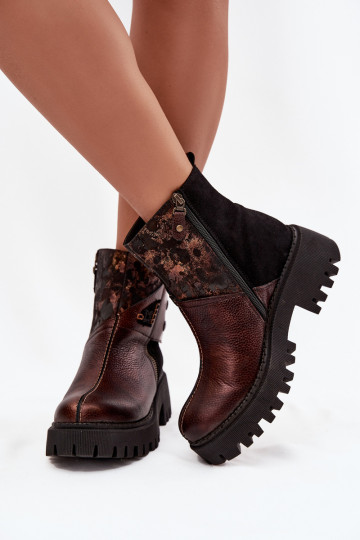 Botas de cuero acolchadas con plataforma, de tacón plano, Tai turiciejka 06140-02, color marrón