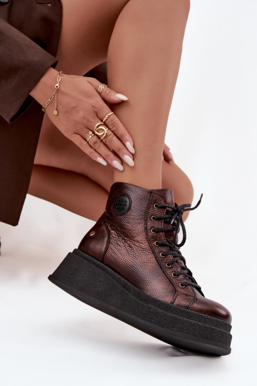 Piel Botas con una plataforma Tiene queciejka 06309-32 color metalico Brąz Piel Botas con una plataforma Tiene queciejka 06309-32 color metalico Brąz
