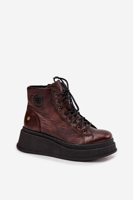 Piel Botas con una plataforma Tiene queciejka 06309-32 color metalico Brąz Piel Botas con una plataforma Tiene queciejka 06309-32 color metalico Brąz