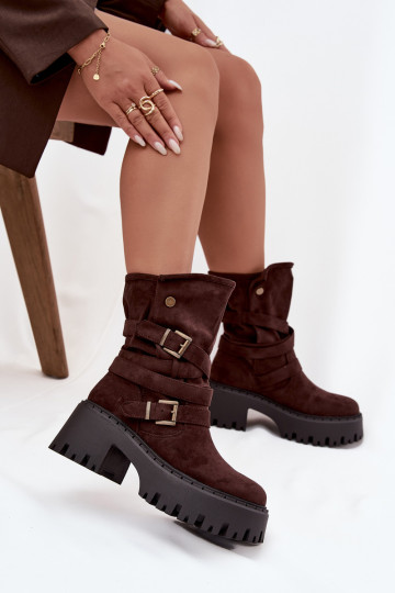Botines para mujer con tacones gruesos, hebillas y cintas, color chocolate, Nerelisa
