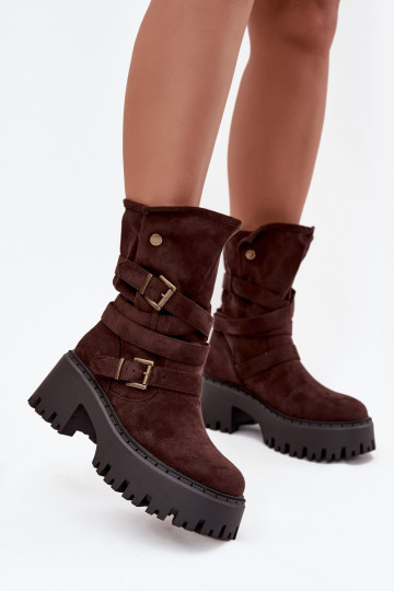 Botines para mujer con tacones gruesos, hebillas y cintas, color chocolate, Nerelisa 2