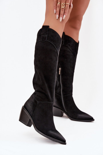 Botas altas de estilo cowboy para mujer con tacones de ante natural, Artiker 57C0232, color negro 2