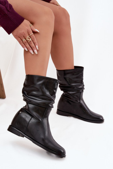 Botines de piel negra para mujer con volantes, forrados Tai turiciejka K7211-01