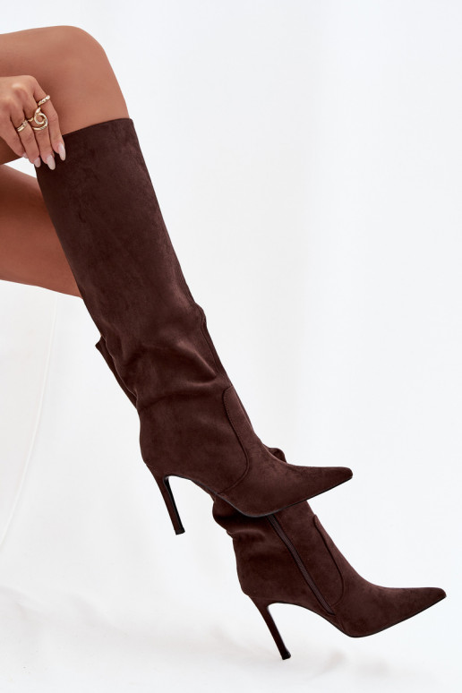 calentamiento botas de mujer con tacones finosde gamuza ecológicau CzekoladoAe Rosavine