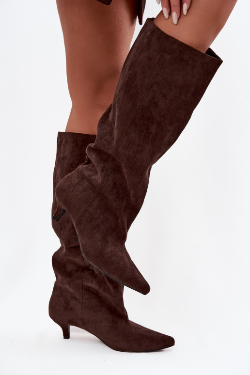 Botas largas de mujer con tacones de ante sintético color chocolate Pheona